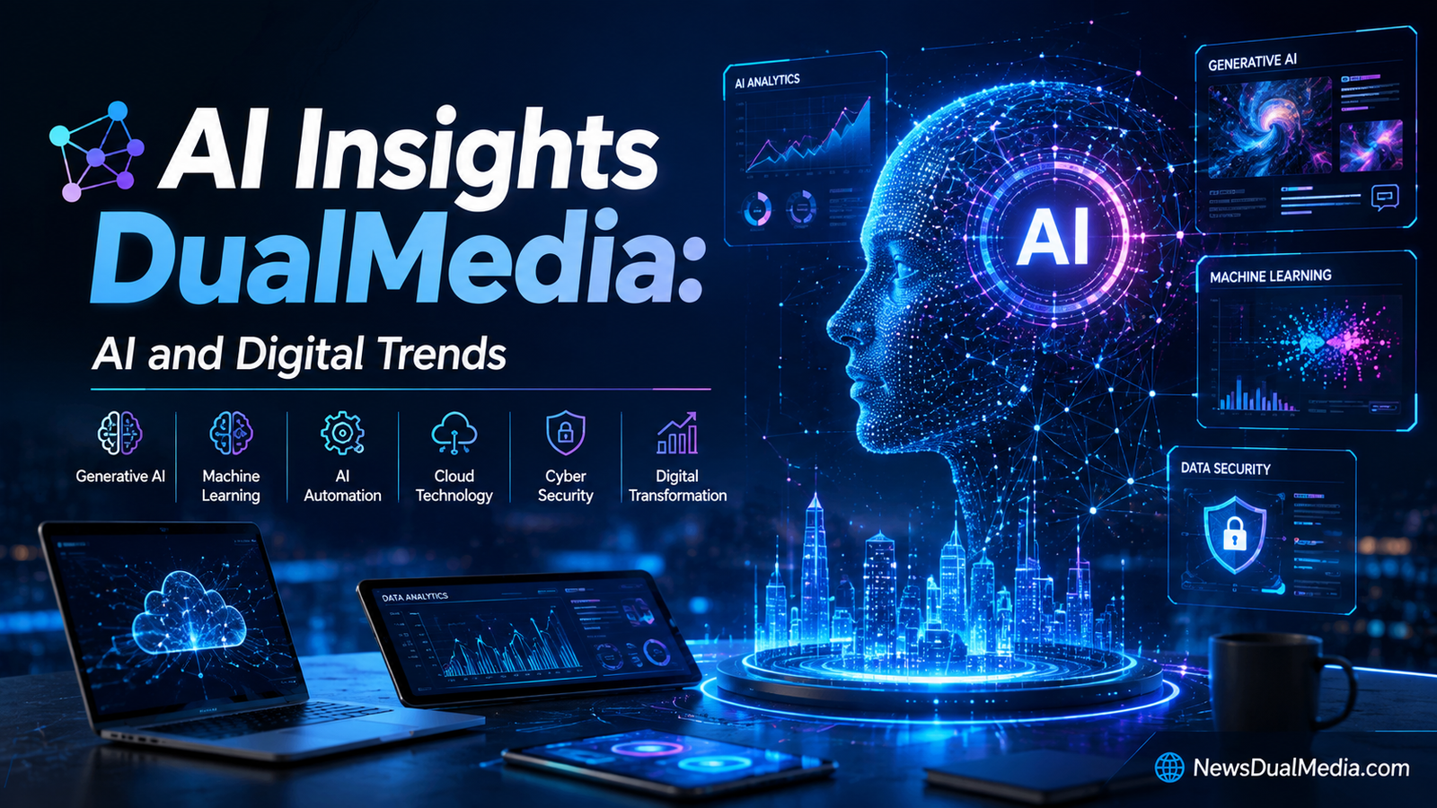 AI Insights DualMedia featuring artificial intelligence, digital technology, data networks, and emerging digital trends